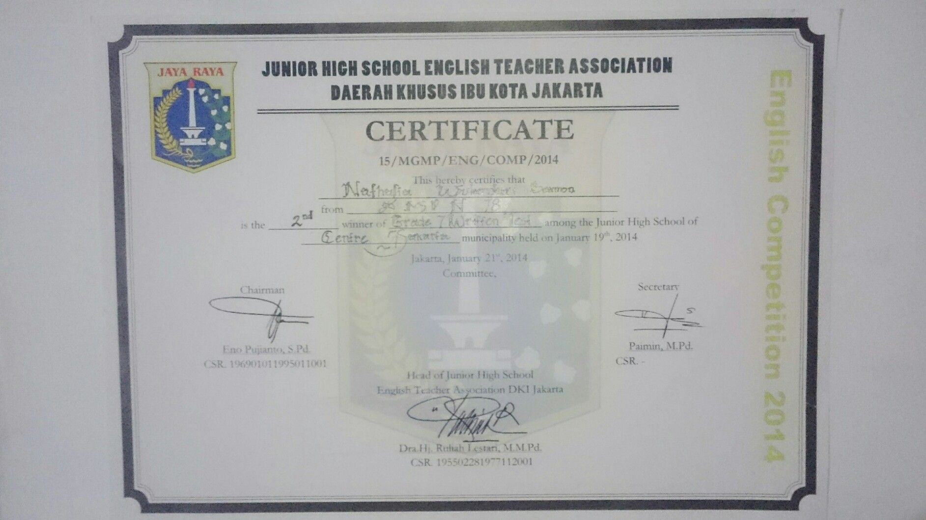 Nathalia Wulandari Beamon S Achievement On Goodwall Won Second Place At The Municipality Level Written Test English Competition For Seventh Graders